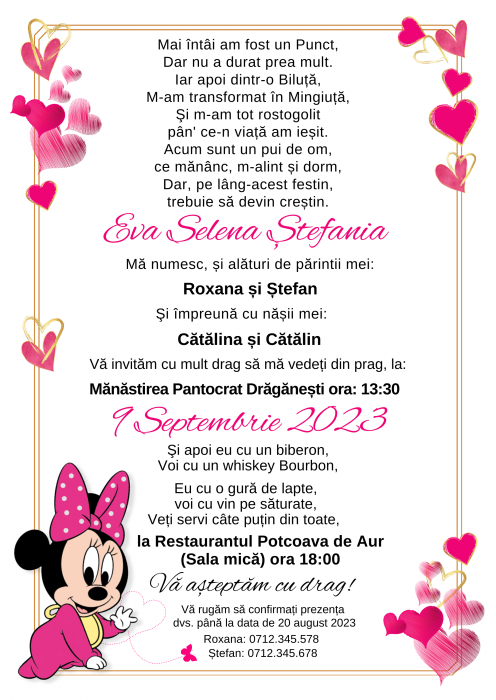 Invitatie digitala botez pentru fetita cu minnie in nuante roz si auriu [2]