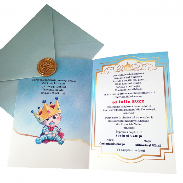 Invitatie botez pentru baietel, personalizata cu fotografie, plic si sigiliu, model felicitare in nuante albastru si auriu [2]