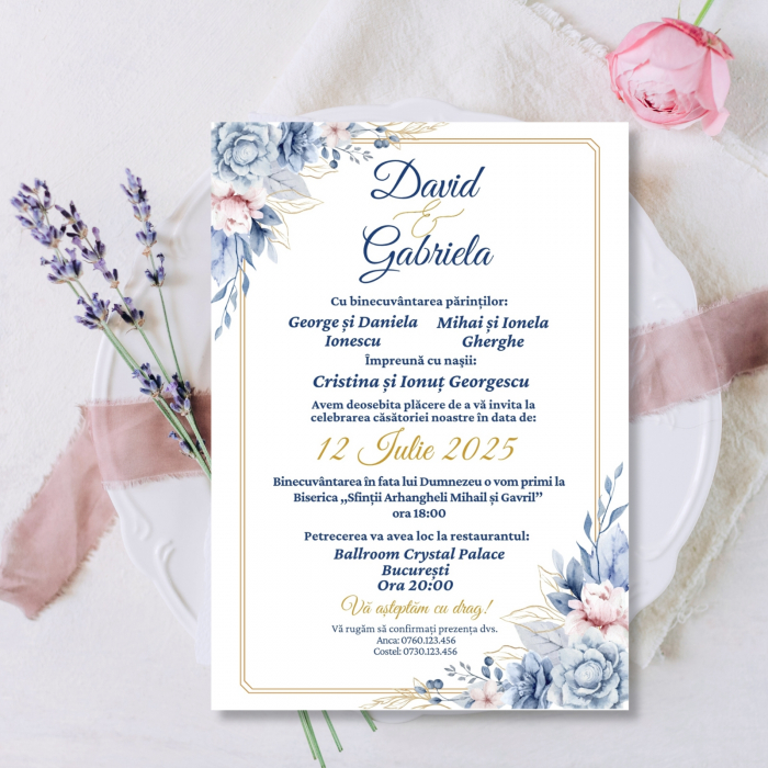 Invitatie digitala pentru nunta, Invitatie electronica, cu flori albastre auriu [1]