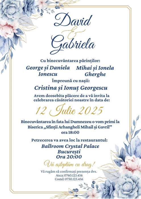 Invitatie digitala pentru nunta, Invitatie electronica, cu flori albastre auriu [2]