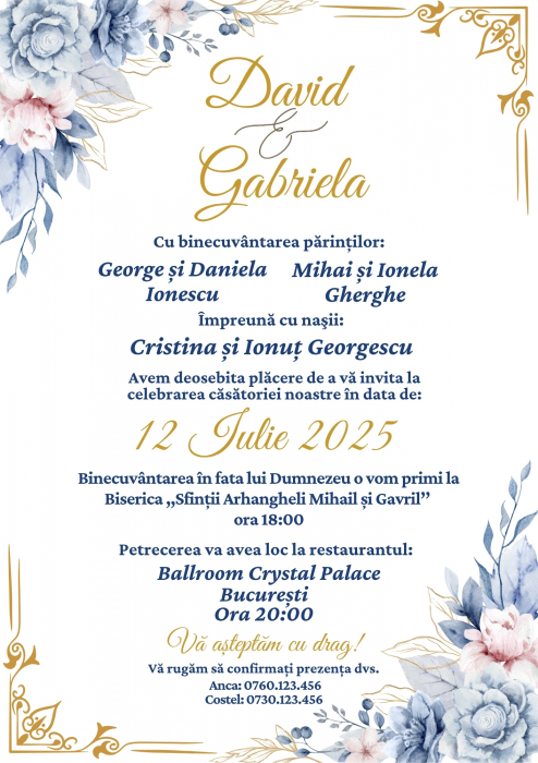 Invitatie digitala pentru nunta, Invitatie electronica, cu flori albastre auriu [2]