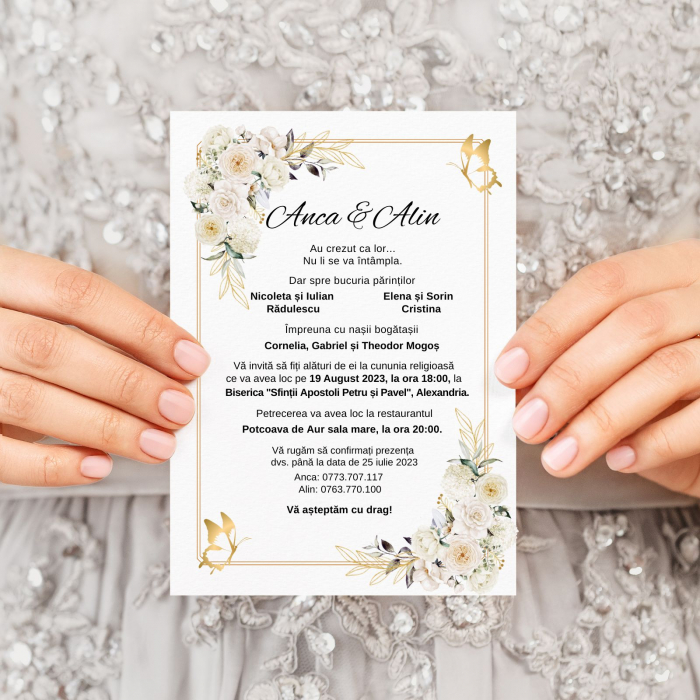 Invitatie digitala pentru nunta, Invitatie electronica, cu flori albe, fluturasi si chenar auriu [2]