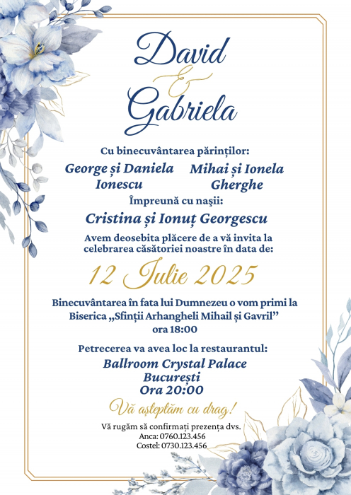 Invitatie digitala pentru nunta, Invitatie electronica, cu flori albastre si chenar auriu [3]