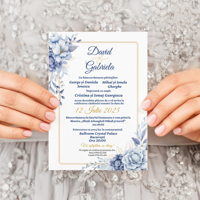 Invitatie digitala pentru nunta, Invitatie electronica, cu flori albastre si chenar auriu [2]