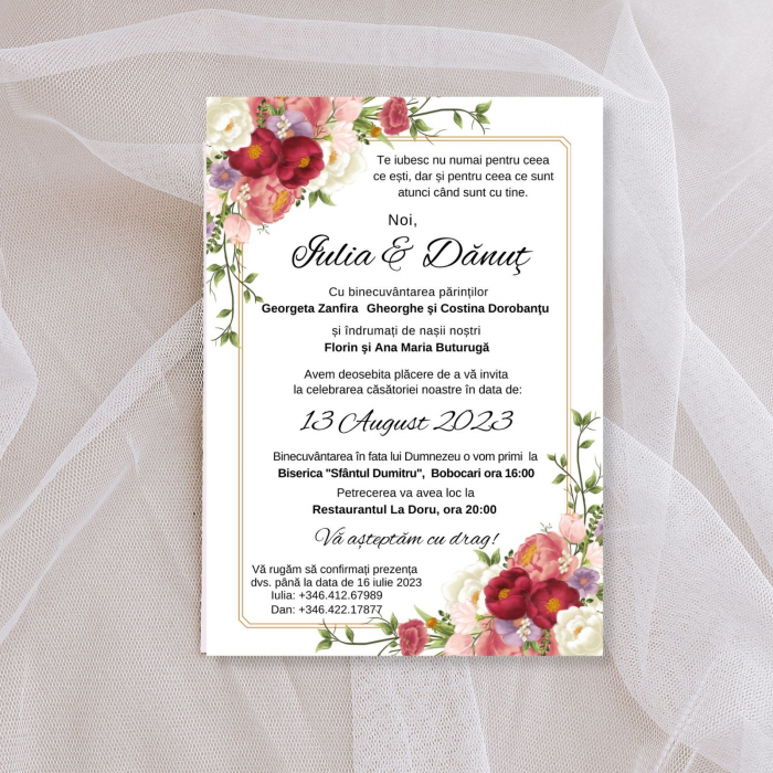 Invitatie pentru nunta, cu flori rosii si folio auriu, cu invelitoare velum si sigiliu de ceara personalizat [3]