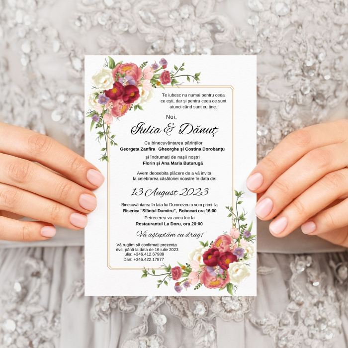 Invitatie pentru nunta, cu flori rosii si folio auriu, cu invelitoare velum si sigiliu de ceara personalizat [4]