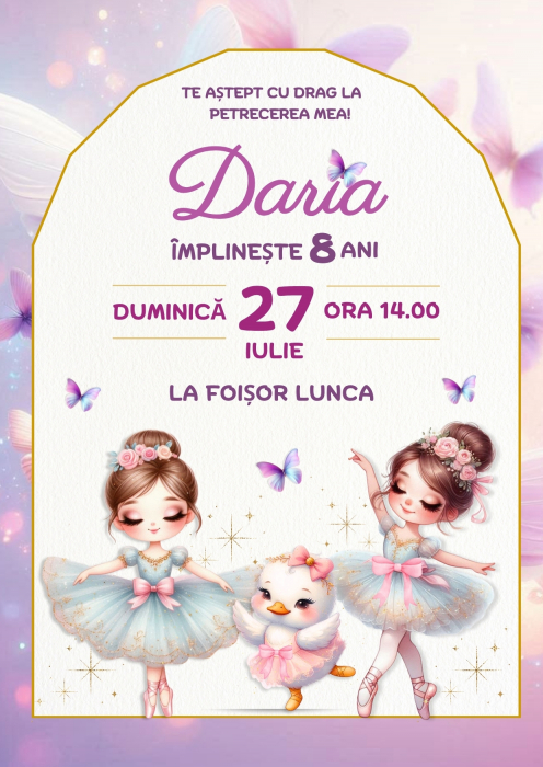 Invitație Digitală Zi de Naștere Fetiță – Tematică Balerină în Roz și Mov, cu Tutu, Fluturi și Gâscă Drăgălașă [4]