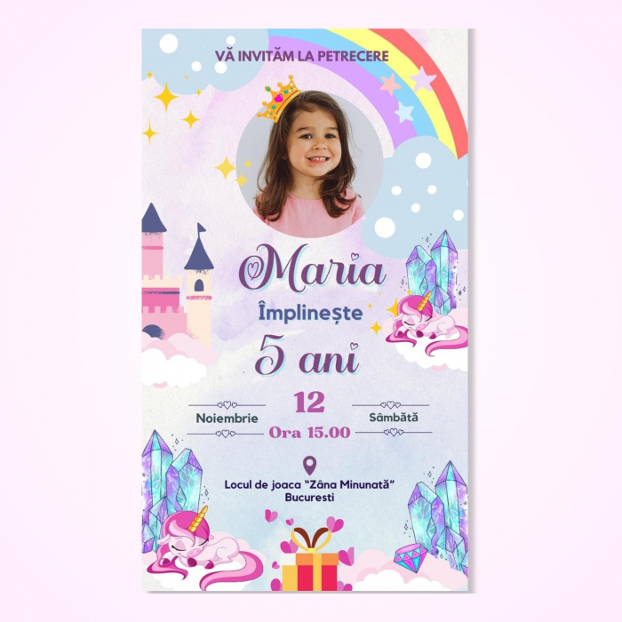 Invitatie digitala pentru zi de nastere fetita, in nuante de mov, cu tematica unicorn [2]