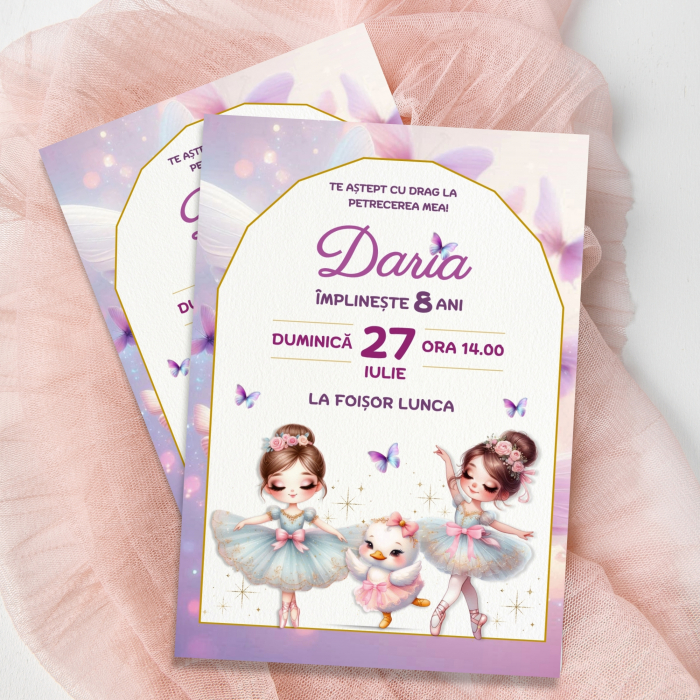 Invitație Digitală Zi de Naștere Fetiță – Tematică Balerină în Roz și Mov, cu Tutu, Fluturi și Gâscă Drăgălașă [2]