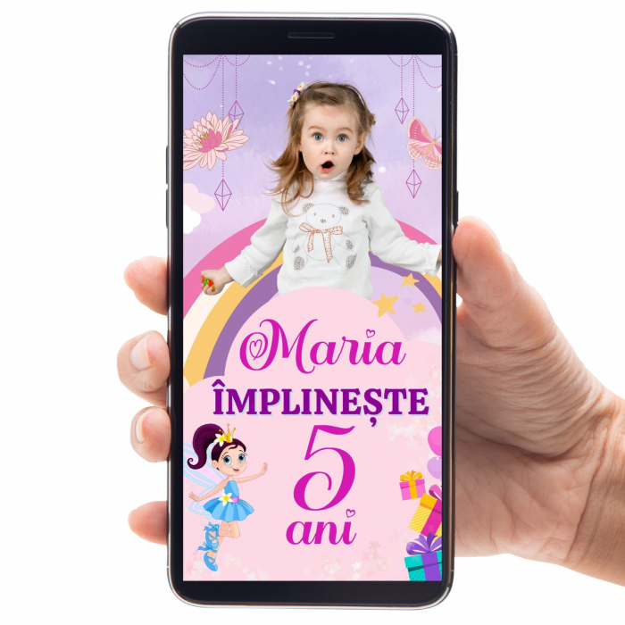 Invitatie zi de nastere digitala video si cu fotografie, pentru fetite, cu tematica zane din poveste [2]