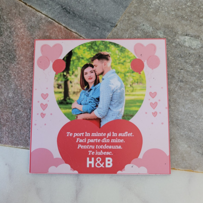 Magnet personalizat cu 1 fotografie si inimioara, cu mesaj de dragoste pentru cuplu. [1]