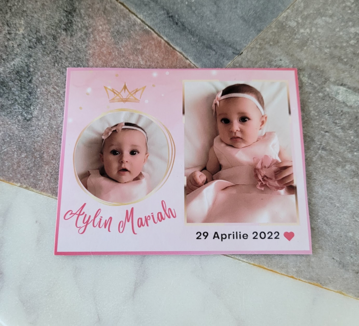Magnet personalizat, marturie pentru botez fetita, cu 2 fotografii, tematica roz printesa, cu coronita [3]