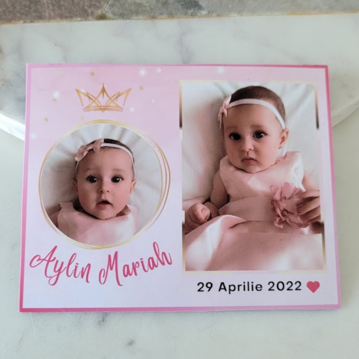 Magnet personalizat, marturie pentru botez fetita, cu 2 fotografii, tematica roz printesa, cu coronita [1]