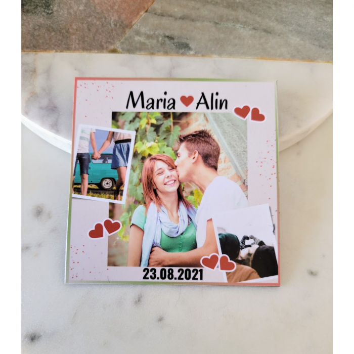Magnet personalizat cu 3 fotografii, numele cuplului, data relatiei si multe inimioare [1]