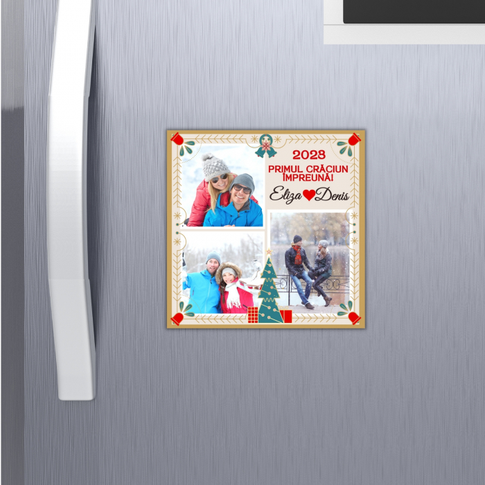 Magnet personalizat cu nume, Primul nostru Craciun, cu 3 fotografii [2]