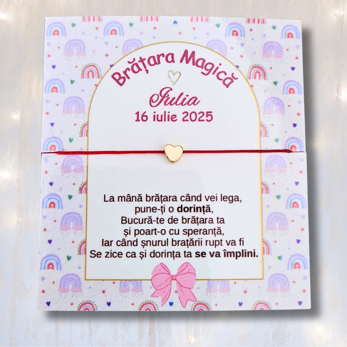 MărtuMărturii Botez Băiețel – Brățară Magică cu Șnur Ajustabil & Charmuri Placate | Cartonaș Personalizat Albastru cu Curcubeu si Auriu [11]