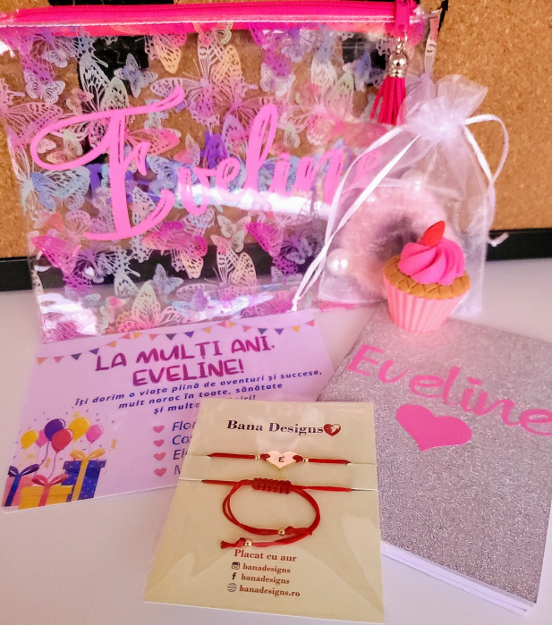Set cadou personalizat pentru fete cu portfard, carnetel, felicitare la multi ani [5]