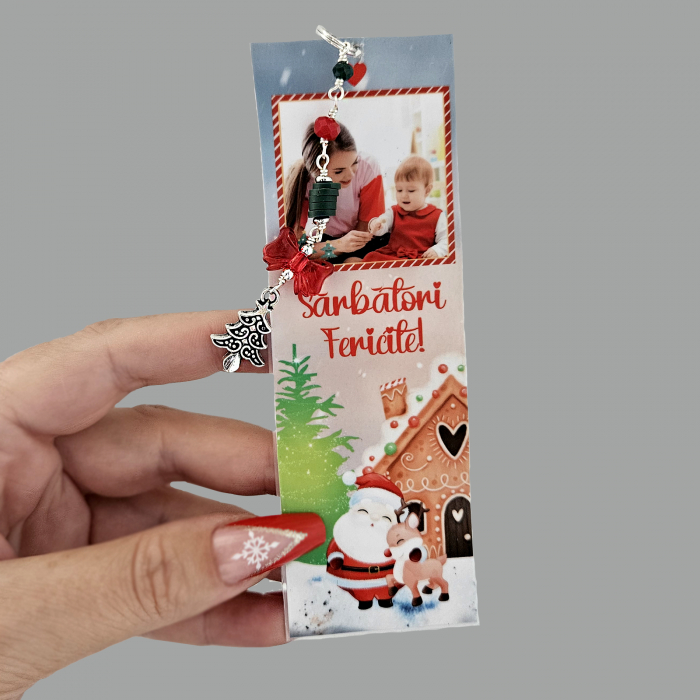 Semn de carte Craciun cu charm, personalizat cu fotografie si mesaj de sarbatori [3]