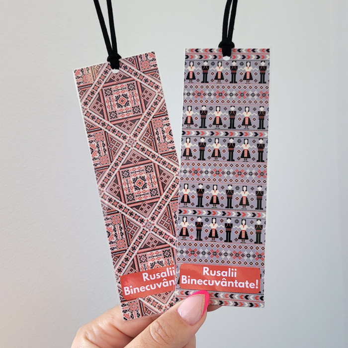 Semn de carte cu motiv traditional romanesc cu hora si mesajul Rusalii Binecuvantate [2]