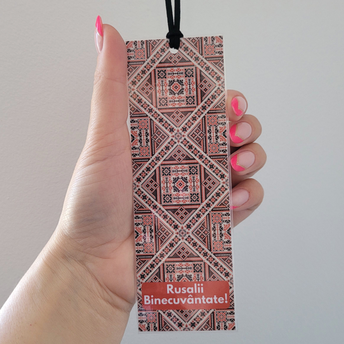 Semn de carte cu motiv traditional romanesc cu rosu si mesajul Rusalii Binecuvantate [3]