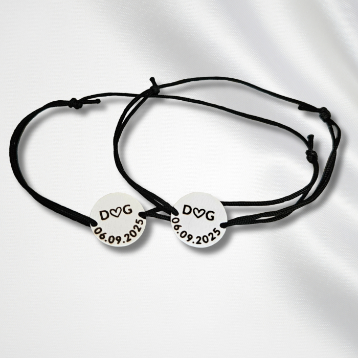 Bratari Cuplu Personalizate cu Initiale si Data, Set 2 Bratari cu Banut Inox Waterproof 12 mm, Cadou Romantic pentru El si Ea [5]