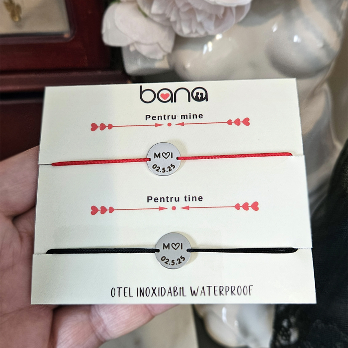 Bratari Cuplu Personalizate cu Initiale si Data, Set 2 Bratari cu Banut Inox Waterproof 12 mm, Cadou Romantic pentru El si Ea [2]