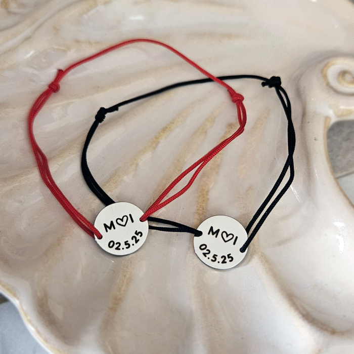 Bratari Cuplu Personalizate cu Initiale si Data, Set 2 Bratari cu Banut Inox Waterproof 12 mm, Cadou Romantic pentru El si Ea [3]