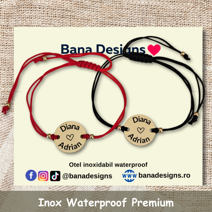 Set de 2 brățări pentru cuplu, gravate pe bănuț din inox auriu cu nume și dată. Șnur macrame ajustabil, culori și mărimi la alegere, ambalaj elegant. [3]