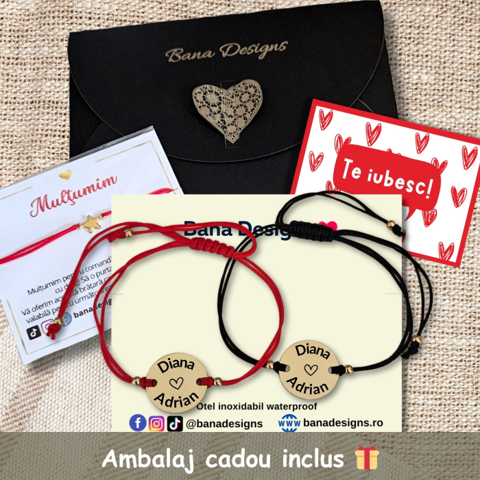 Set de 2 brățări pentru cuplu, gravate pe bănuț din inox auriu cu nume și dată. Șnur macrame ajustabil, culori și mărimi la alegere, ambalaj elegant. [5]
