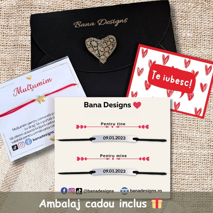 Set de 2 brățări pentru cuplu, din inox 304 waterproof, gravate cu nume și dată. Șnur mătăsos ajustabil, ambalaj elegant, felicitare cadou. [3]