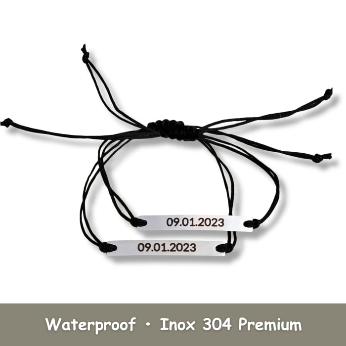 Set de 2 brățări pentru cuplu, din inox 304 waterproof, gravate cu nume și dată. Șnur mătăsos ajustabil, ambalaj elegant, felicitare cadou. [2]