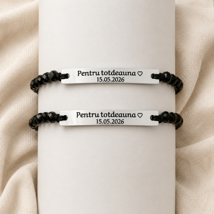 Set de 2 brățări pentru cuplu, din inox 304 waterproof, gravate cu nume și dată. Șnur mătăsos ajustabil, ambalaj elegant, felicitare cadou. [2]