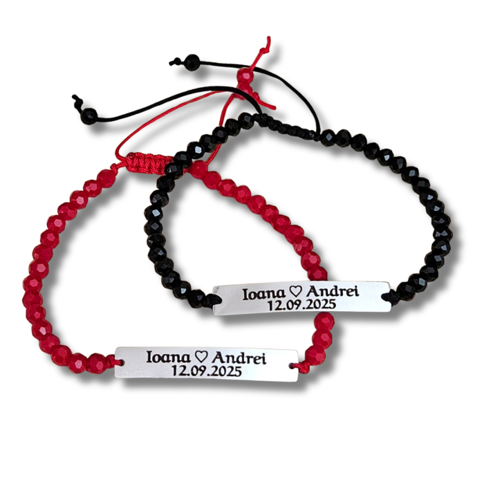 Set de 2 brățări pentru cuplu, din inox 304 waterproof, gravate cu nume și dată. Șnur mătăsos ajustabil, ambalaj elegant, felicitare cadou. [3]