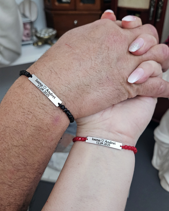 Set de 2 brățări pentru cuplu, din inox 304 waterproof, gravate cu nume și dată. Șnur mătăsos ajustabil, ambalaj elegant, felicitare cadou. [2]