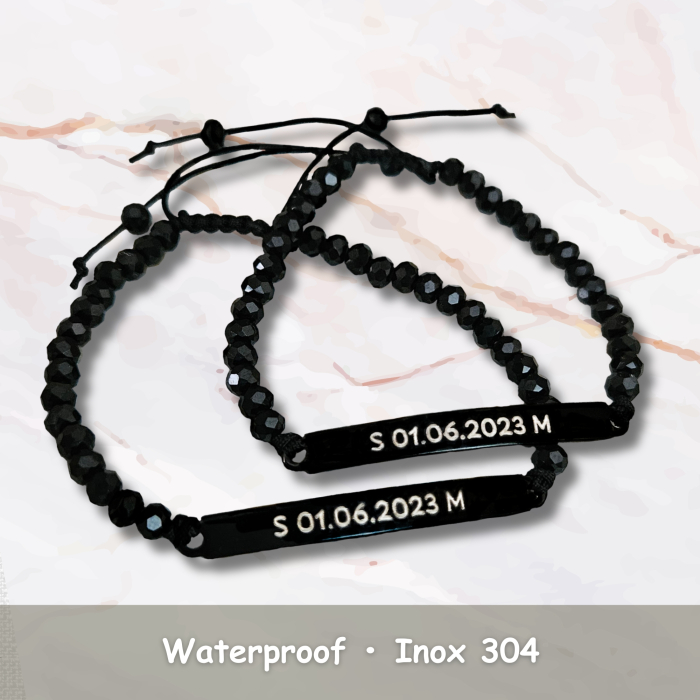 Set 2 Bratari Cuplu Personalizate Negre, Gravura Nume sau Data, Bratari Matchy Matchy din Inox 304 cu Cristale, Cadou pentru Ea si El [4]