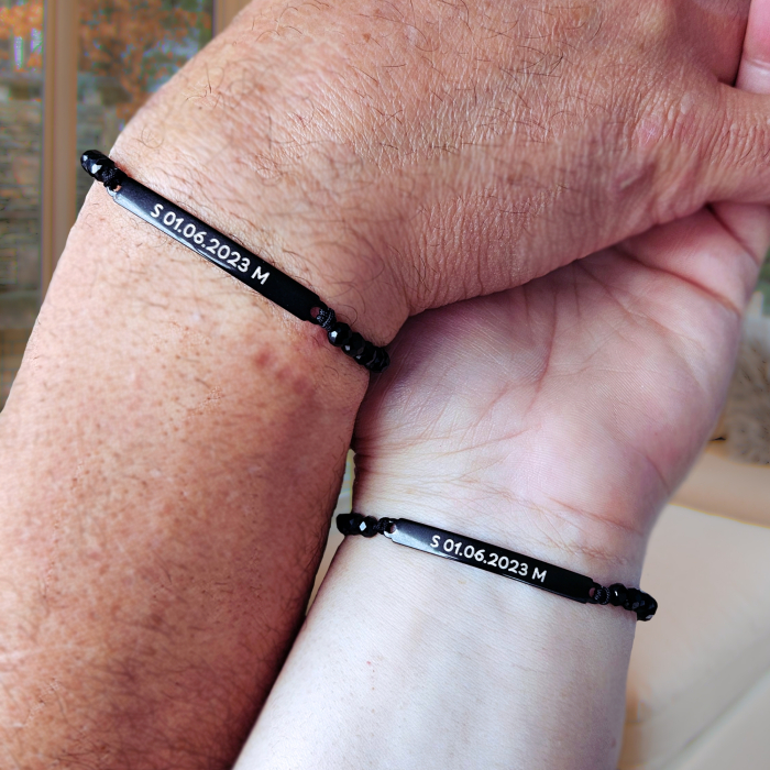 Set 2 Bratari Cuplu Personalizate Negre, Gravura Nume sau Data, Bratari Matchy Matchy din Inox 304 cu Cristale, Cadou pentru Ea si El [3]