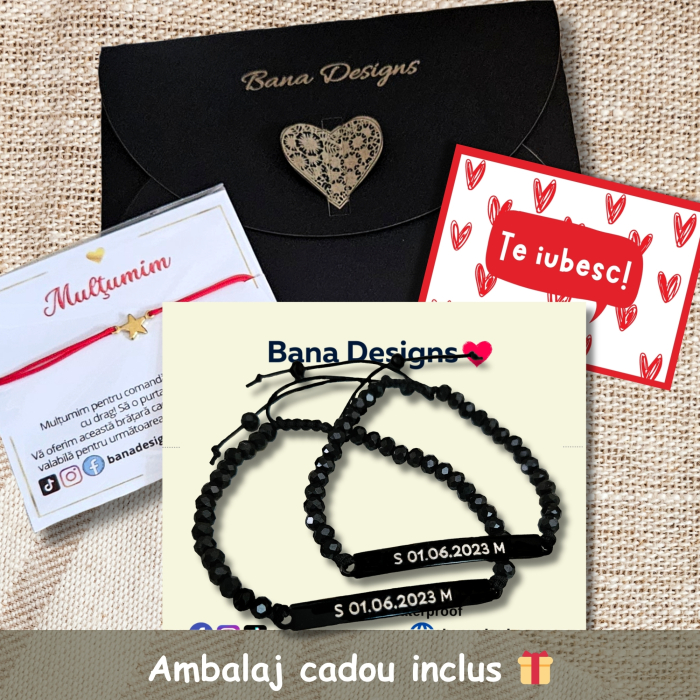 Set 2 Bratari Cuplu Personalizate Negre, Gravura Nume sau Data, Bratari Matchy Matchy din Inox 304 cu Cristale, Cadou pentru Ea si El [5]