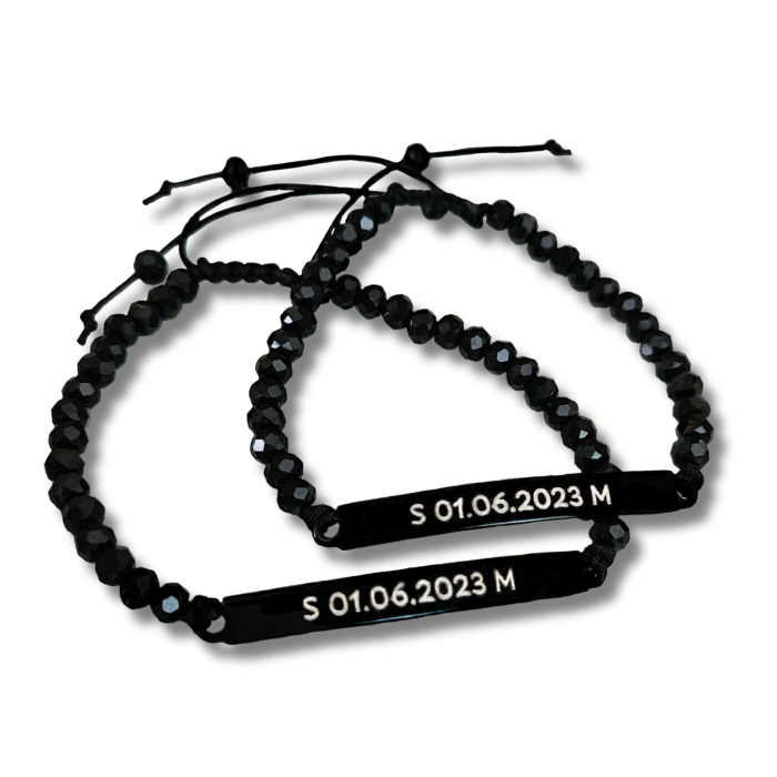 Set 2 Bratari Cuplu Personalizate Negre, Gravura Nume sau Data, Bratari Matchy Matchy din Inox 304 cu Cristale, Cadou pentru Ea si El [2]
