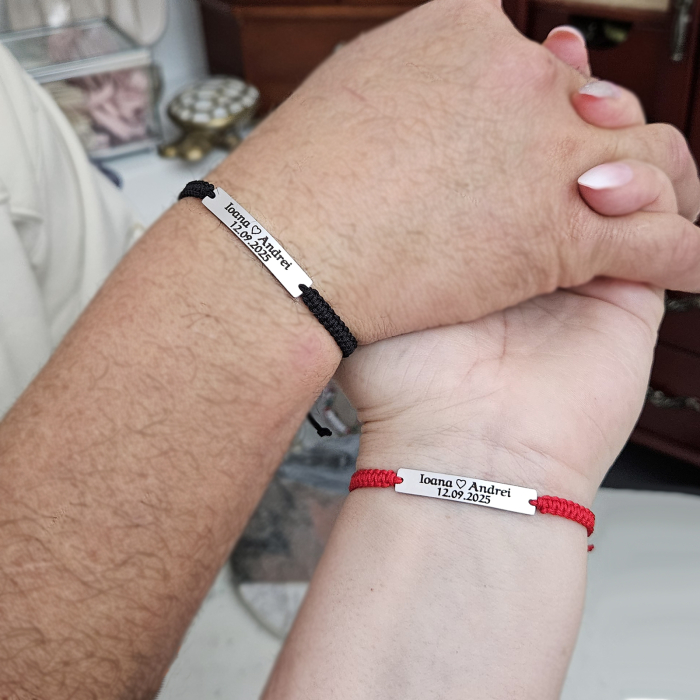 Set de 2 brățări pentru cuplu, din inox 304 waterproof, gravate cu nume și dată. Șnur mătăsos ajustabil, ambalaj elegant, felicitare cadou. [2]