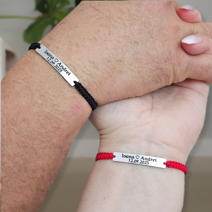 Set de 2 brățări pentru cuplu, din inox 304 waterproof, gravate cu nume și dată. Șnur mătăsos ajustabil, ambalaj elegant, felicitare cadou. [1]