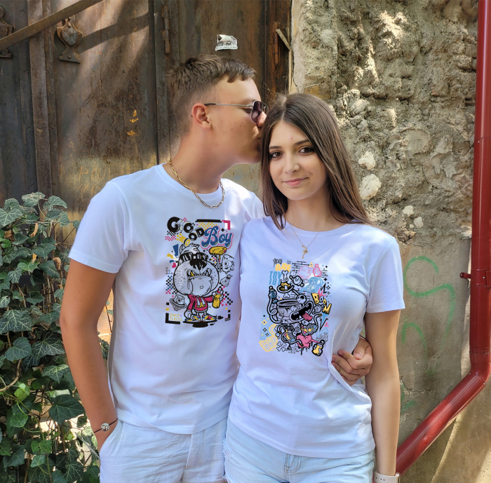 Set 2 tricouri pentru cuplu cu design funky cartoon, din bumbac [3]
