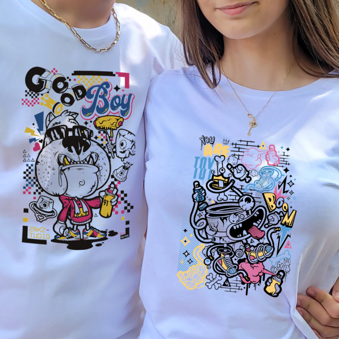Set 2 tricouri pentru cuplu cu design funky cartoon, din bumbac [2]
