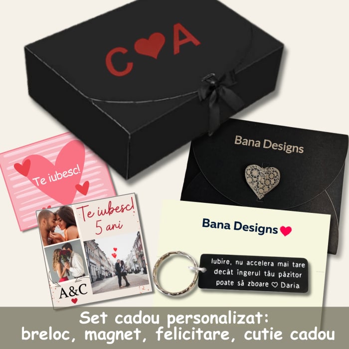 Set cadou personalizat pentru iubit cu cutie neagră, breloc gravat „Iubire, nu accelera...”, magnet foto și felicitare romantică. [1]