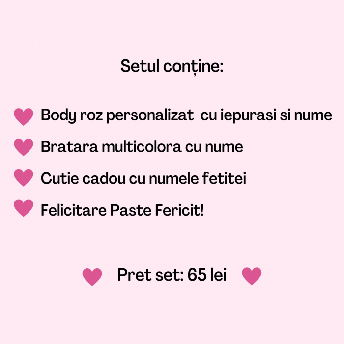 Set cadou personalizat pentru fetita, pentru Paste, cu body, bratara personalizata, felicitare si cutie cadou [2]