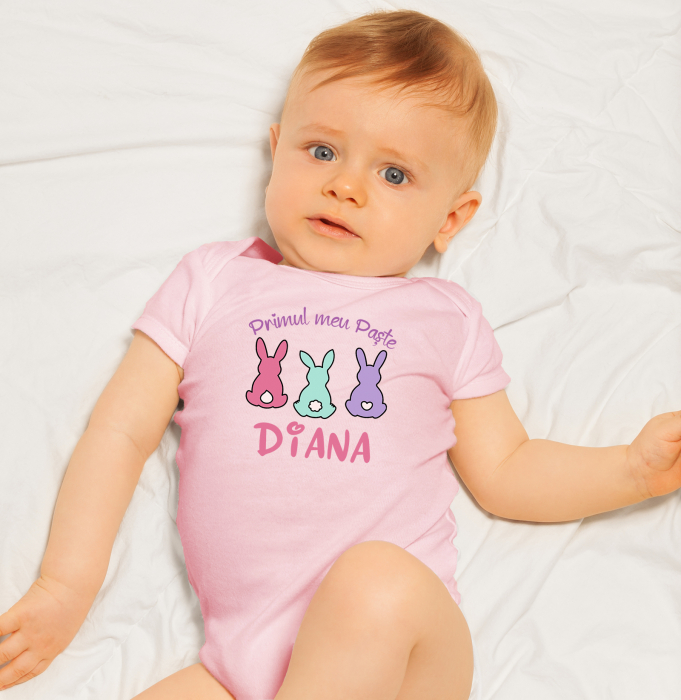 Set cadou personalizat pentru fetita, pentru Paste, cu body, bratara personalizata, felicitare si cutie cadou [6]