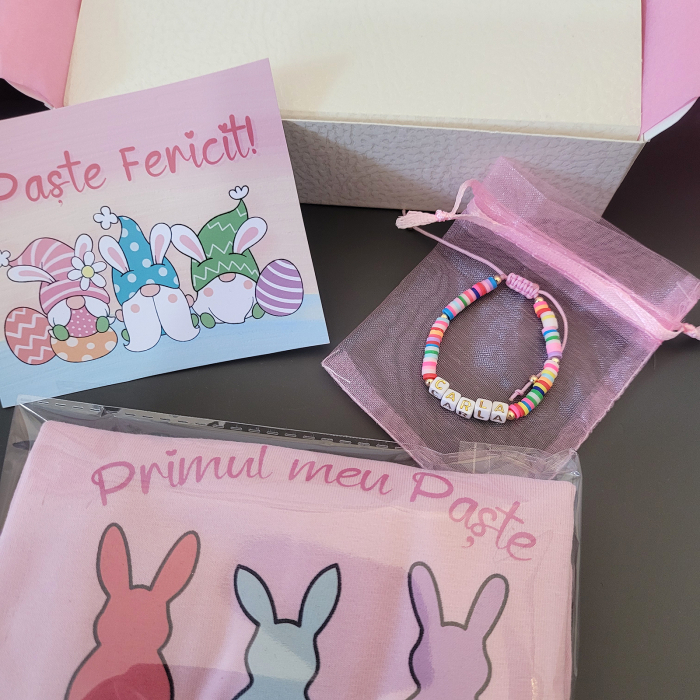 Set cadou personalizat pentru fetita, pentru Paste, cu body, bratara personalizata, felicitare si cutie cadou [3]