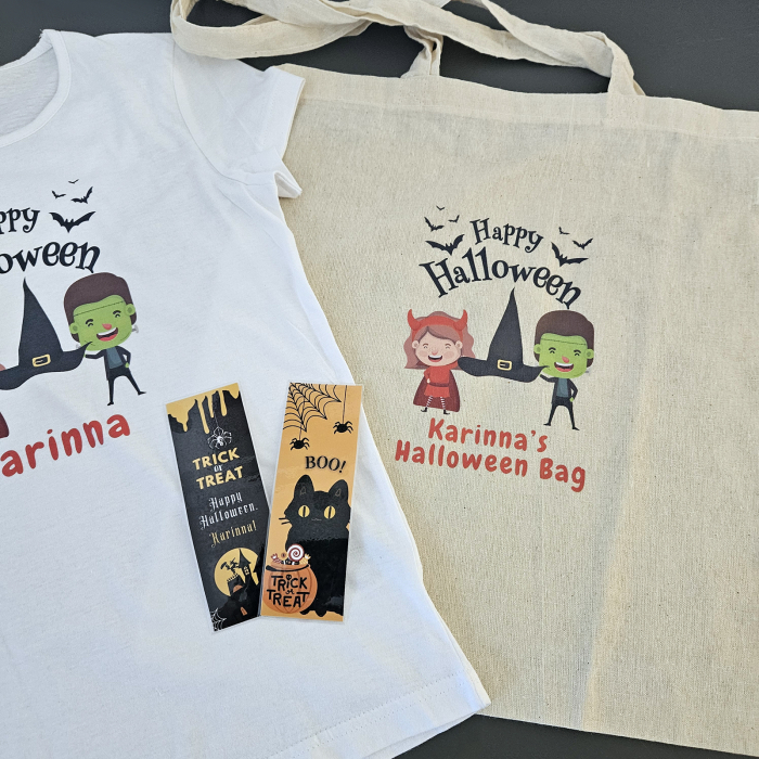 Set cadou Halloween personalizat pentru fetite, cu tricou, colier, semne de carte, sacosa si cutie cadou [4]