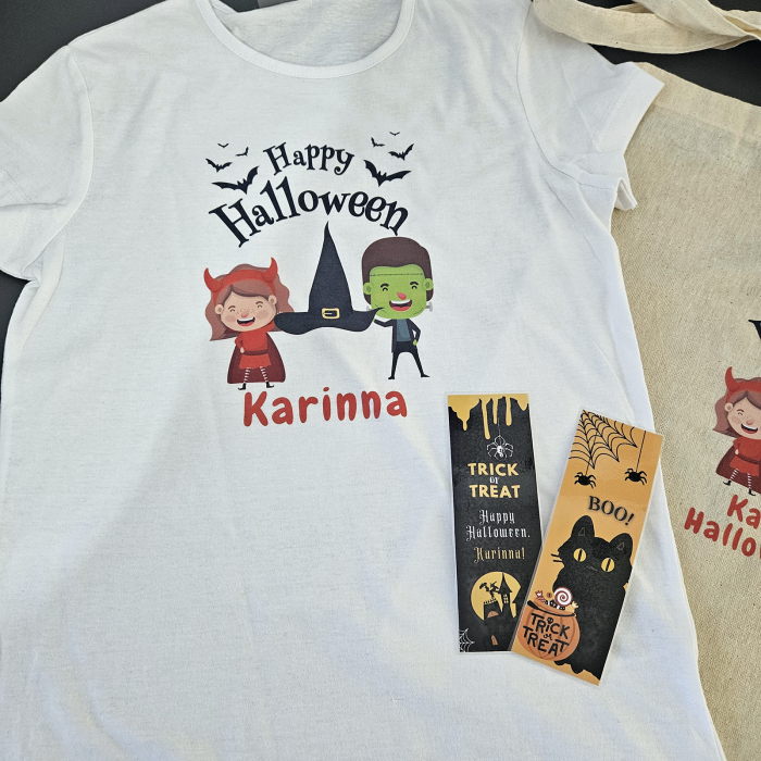 Set cadou Halloween personalizat pentru fetite, cu tricou, colier, semne de carte, sacosa si cutie cadou [2]