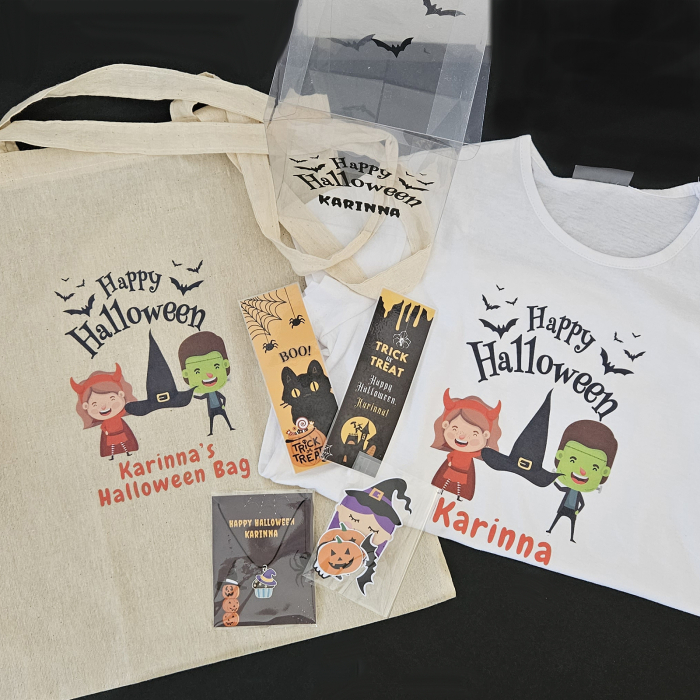 Set cadou Halloween personalizat pentru fetite, cu tricou, colier, semne de carte, sacosa si cutie cadou [3]