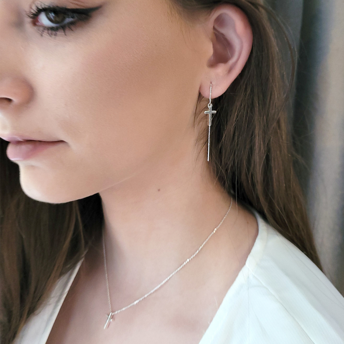 Set minimalist colier și cercei cu cruciulițe, placat cu argint 925 [4]